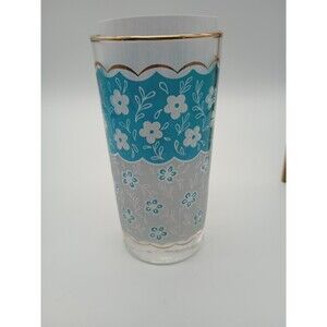 Vtg Drinking Glass Turquoise White Gold Daisy Floral Print Higball Tumber